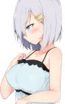  1girl bare_shoulders blue_eyes blush breasts camisole closed_mouth cole collarbone erect_nipples expressionless from_side hair_ornament hair_over_one_eye hairclip hamakaze_(kantai_collection) hand_on_own_chest kantai_collection large_breasts looking_down profile short_hair silver_hair simple_background solo sweatdrop white_background 