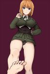  1girl barefoot black_panties blue_eyes blush brave_witches breasts corset feet from_below gluteal_fold gundula_rall hand_on_hip military military_uniform new_yukuyon orange_hair panties pov_feet purple_background short_hair soles solo standing standing_on_one_leg strike_witches toes underwear uniform world_witches_series 