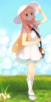  10s 1girl bag blonde_hair braid clouds dress flower grass green_eyes hat highres kneehighs lillie_(pokemon) long_hair outdoors pokemon pokemon_(game) pokemon_sm shoes sky sleeveless sleeveless_dress solo sun_hat sundress twin_braids white_dress white_legwear 