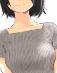  1girl black_hair breasts close-up collarbone head_out_of_frame highres medium_breasts nikotamu original short_hair simple_background smile solo white_background 