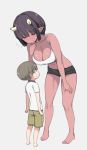  1boy 1girl age_difference barefoot black_hair blush breasts cleavage dark_skin flying_sweatdrops full_body height_difference horns large_breasts looking_at_another nora_higuma oni oni_horns original red_skin short_hair short_shorts shorts size_difference smile sweatdrop 