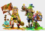  1boy 1girl arrow bamboo_shoot bandanna bangs bike_shorts black_shorts blaster_(splatoon) blue_eyes blunt_bangs boots disruptor_(splatoon) domino_mask flag full_body goggles goggles_on_head gradient_hair grin hair_slicked_back hand_in_pocket holding holding_weapon inkling jellyfish_(splatoon) long_hair looking_at_another mask mini_splatling_(splatoon) monster_girl multicolored_hair mushroom paint_splatter pointy_ears scrunchie shirt short_hair shorts smile splatoon standing star suction_bomb_(splatoon) t-shirt tentacle_hair topknot touchuukasou_(oxoxo_a) violet_eyes weapon 