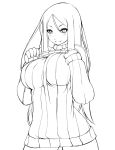  1girl bottomless breasts colored kantai_collection large_breasts lineart long_hair looking_at_viewer monochrome naked_sweater ribbed_sweater shiki_(psychedelic_g2) shinkaisei-kan simple_background smile solo sweater ta-class_battleship turtleneck turtleneck_sweater 