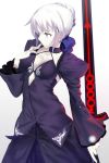  1girl absurdres breasts cleavage dark_excalibur dark_persona dress fate/grand_order fate/stay_night fate_(series) highres holding holding_sword holding_weapon saber saber_alter solo sword tetsu_(countryside) violet_eyes weapon white_hair 