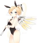  1girl animal_ears bare_legs bare_shoulders blonde_hair blue_eyes blush breasts bunny_girl bunny_tail bunnysuit cowboy_shot detached_collar eyebrows eyebrows_visible_through_hair fake_animal_ears hair_tie highleg highleg_leotard holding holding_staff holding_weapon kurutsu large_breasts leotard looking_at_viewer mechanical_wings mercy_(overwatch) overwatch ponytail rabbit_ears short_hair simple_background solo staff strapless strapless_leotard swiss_flag tail thighs twitter_username weapon white_background wings wrist_cuffs 