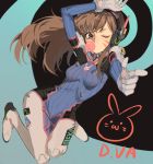  1girl arm_up armor bangs bodysuit boots breasts brown_eyes brown_hair bubble_blowing bubblegum bunny_print character_name d.va_(overwatch) facepaint facial_mark finger_gun gloves gum headphones high_collar long_hair one_eye_closed otuming overwatch pilot_suit pointing rabbit shoulder_pads solo thigh-highs thigh_boots thigh_gap turtleneck whisker_markings white_boots white_gloves 