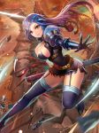  1girl blue_hair boots breasts cleavage dragon garter_straps green_eyes high_heel_boots high_heels highres katana kisina large_breasts long_hair looking_at_viewer multicolored_hair outstretched_arm ribbon seven_knights shane_(seven_knights) smile solo streaked_hair sword thigh-highs thigh_boots weapon 