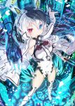  1girl animal_ears breasts cape covered_navel female heterochromia looking_at_viewer mecha mitsuki multicolored_hair open_mouth original rabbit_ears small_breasts solo thigh-highs white_legwear white_thighhighs 