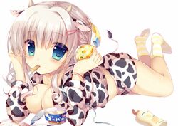  1girl animal_ears bangs blue_eyes blush breasts cable cleavage cow_ears cow_horns cow_print cow_tail earrings eating eyebrows eyebrows_visible_through_hair food hair_between_eyes hair_ornament hair_tie hairclip hands_on_headphones headphones holding horns ice_cream ice_cream_spoon jewelry large_breasts legs_up long_hair long_sleeves looking_at_viewer lotion_bottle lying magazine mouth_hold no_shoes okazaki_mirute on_stomach open_magazine original pineapple_print shorts silver_hair socks solo striped striped_legwear tail 