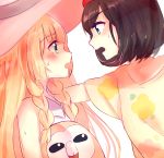  2girls bare_shoulders black_eyes blue_eyes blush braid commentary_request face-to-face female_protagonist_(pokemon_sm) from_side green_eyes hat lillie_(pokemon) looking_at_another multiple_girls nonohana open_mouth pokemon pokemon_(creature) pokemon_(game) pokemon_sm rowlet short_sleeves sweat twin_braids upper_body wall_slam yuri 