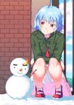  1girl bloomers blue_hair blush colored_eyelashes crescent dress full_body jacket kujou_natsume long_sleeves looking_down mary_janes no_hat no_headwear pointy_ears red_eyes remilia_scarlet shoes short_hair smile snowman socks solo squatting touhou underwear white_legwear 