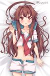  1girl antenna_hair blouse bow bow_panties brown_eyes brown_hair kantai_collection kuma_(kantai_collection) long_hair lying neckerchief panties sailor_collar school_uniform serafuku shirt short_sleeves shorts solo underwear white_panties yukina_(black0312) 