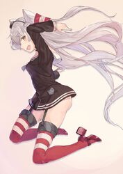  1girl amatsukaze_(kantai_collection) brown_eyes garter_straps highres kantai_collection kikkaiki long_hair looking_at_viewer open_mouth profile red_legwear school_uniform serafuku silver_hair solo striped striped_legwear thigh-highs very_long_hair 