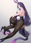  1girl alternate_costume animal_ears ass bangs black_legwear black_leotard blush breasts bunny_tail closed_mouth fake_animal_ears fake_tail fate/grand_order fate_(series) from_behind high_heels highres large_breasts leotard long_hair looking_at_viewer looking_back low-tied_long_hair minamoto_no_raikou_(fate) nr_noir pantyhose parted_bangs playboy_bunny purple_hair rabbit_ears smile solo strapless strapless_leotard tail very_long_hair violet_eyes 