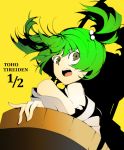  1girl arikanrobo bucket collarbone commentary_request copyright_name green_eyes green_hair hair_bobbles hair_ornament in_bucket in_container japanese_clothes kimono kisume looking_at_viewer off_shoulder open_mouth short_hair solo subterranean_animism touhou twintails upper_body 