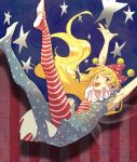  1girl american_flag_dress american_flag_legwear armpits arms_up blonde_hair clownpiece dress fairy_wings hat hichiko jester_cap long_hair looking_at_viewer neck_ruff open_mouth outstretched_arms polka_dot red_eyes short_dress sleeveless sleeveless_dress smile solo star striped teeth touhou very_long_hair wings 