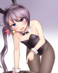  1girl akebono_(kantai_collection) animal_ears bare_shoulders bell blush bow bowtie bunny_girl bunnysuit detached_collar fake_animal_ears flat_chest flower frown hair_bell hair_flower hair_ornament highres jingle_bell kantai_collection leotard long_hair neit_ni_sei open_mouth pantyhose purple_hair rabbit_ears side_ponytail solo very_long_hair violet_eyes wrist_cuffs 