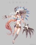  1girl bell bikini_top brown_eyes brown_hair claws clenched_hand fighting_stance glaring hat highres horns jingle_bell long_hair navel original sandals skirt skull solo tobi_(mue86) toes very_long_hair weapon 