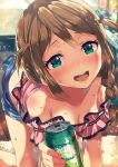  1girl all_fours aqua_eyes baba_konomi bare_shoulders beer_can blurry blush braid breasts brown_hair can cleavage depth_of_field drunk hair_flaps highres idolmaster idolmaster_million_live! long_hair medium_breasts narumi_arata open_mouth single_braid smile solo 