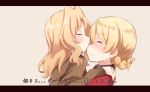  2girls blonde_hair blush braid closed_eyes darjeeling girls_und_panzer hands_on_another&#039;s_shoulders highres jacket kapatarou kay_(girls_und_panzer) kiss letterboxed long_hair military military_uniform multiple_girls nose_kiss red_jacket translated uniform yuri 