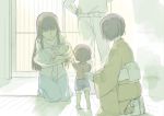  1boy 4girls baby barefoot belt black_hair brown_hair closed_eyes cosmic_(crownclowncosmic) family girls_und_panzer hand_on_hip holding indoors japanese_clothes kimono long_hair mother_and_daughter multiple_girls muted_color nishizumi_maho nishizumi_miho nishizumi_shiho nishizumi_tsuneo no_eyes obi outstretched_arms pants pants_rolled_up sash seiza short_hair siblings sisters sitting sketch smile translated younger yukata 