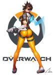  1girl absurdres ass back bodysuit bomber_jacket brown_eyes brown_hair from_behind gloves goggles gonster gun handgun highres jacket looking_at_viewer looking_back overwatch short_hair smile solo spiky_hair thighs tracer_(overwatch) weapon 