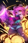  1girl arm_warmers bare_shoulders belt blush cannon denim denim_shorts earrings explosion fang fingerless_gloves gloves goggles goggles_on_head highres jewelry kerasu league_of_legends looking_at_viewer pantyhose pink_hair pointy_ears purple_skin ricegnat riot_girl_tristana shorts solo star star_earrings torn_clothes torn_pantyhose tristana yellow_eyes yordle 