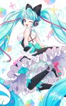  1girl absurdly_long_hair aqua_eyes aqua_hair boots dress gloves hatsune_miku headphones high_heels knee_boots long_hair looking_at_viewer looking_back magical_mirai_(vocaloid) o_yat one_eye_closed open_mouth pantyhose solo twintails twitter_username very_long_hair vocaloid white_background 