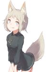  1girl animal_ears blue_eyes buttons dress_shirt fang fox_ears fox_tail green_hair looking_at_viewer messy_hair open_mouth original roll_okashi shirt short_hair simple_background smirk solo tail v_arms white_background 