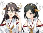  2girls adjusting_glasses anger_vein angry bare_shoulders bespectacled black_hair blue_eyes brown_eyes detached_sleeves glasses glasses_removed green-framed_glasses hair_between_eyes hairband hand_on_glasses haruna_(kantai_collection) headgear japanese_clothes kantai_collection kirishima_(kantai_collection) long_hair looking_at_viewer looking_to_the_side multiple_girls no_glasses nontraditional_miko open_mouth ribbon_trim short_hair simple_background sparkle translation_request white_background yomosaka 