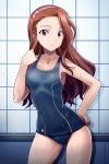  1girl breasts brown_eyes brown_hair cowboy_shot hairband idolmaster long_hair minase_iori muhi11234 one-piece_swimsuit school_swimsuit small_breasts solo swimsuit wet 