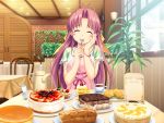  1girl ahoge aoi_matsuri blush bread cake coffee eating female food highres long_hair pink_hair room shop silverware solo sweets table tropical_kiss 