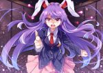  1girl animal_ears blazer crescent e.o. finger_gun indoors jacket light_particles long_hair looking_at_viewer necktie open_mouth pink_skirt pointing pointing_at_viewer purple_hair rabbit_ears red_eyes reisen_udongein_inaba skirt solo touhou very_long_hair wind wooden_floor 