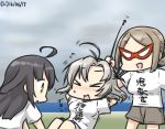  &gt;_&lt; 3girls ahoge black_hair blonde_hair blush closed_eyes clouds cloudy_sky dated flying_sweatdrops folded_ponytail gym_shorts gym_uniform hamu_koutarou horizon kantai_collection katori_(kantai_collection) kinugasa_(kantai_collection) long_hair mask mikazuki_(kantai_collection) multiple_girls ocean pointer shorts silver_hair sit-up sky sweat translated yellow_eyes 