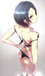  1girl adjusting_clothes ass bangs bare_back bikini black_bra black_hair black_panties bra breasts from_above hayami_kanade highres idolmaster idolmaster_cinderella_girls panties parted_bangs q_(ed69) short_hair smile solo swimsuit thong thong_panties underwear yellow_eyes 