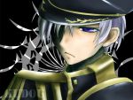  07-ghost 1boy :/ ayanami_(07-ghost) black_background hat military military_hat military_uniform pixiv_id_787857 short_hair uniform violet_eyes white_hair 