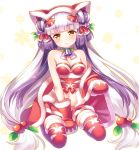  1girl bare_shoulders bell between_legs blush breasts choker cleavage closed_mouth double_bun frown full_body fur_trim hair_bobbles hair_ornament haku_(p&amp;d) hand_between_legs head_tilt holly jingle_bell long_hair looking_at_viewer mittens multicolored_hair puzzle_&amp;_dragons red_legwear santa_costume shouni_(sato3) silver_hair sitting solo thigh-highs twintails two-tone_hair very_long_hair yellow_eyes 
