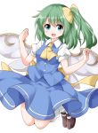  1girl ascot blue_skirt bow daiyousei fairy_wings green_hair hair_bow puffy_short_sleeves puffy_sleeves ruu_(tksymkw) shoes short_sleeves side_ponytail simple_background skirt skirt_set socks solo touhou vest white_background wings 