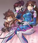  3girls alternate_hairstyle armor bangs bed bed_sheet black_gloves bodysuit bonesfish boots breasts brown_eyes brown_hair bunny_print collarbone controller d.va_(overwatch) dated eyebrows eyebrows_visible_through_hair facepaint facial_mark food fur_trim game_controller gamepad glasses gloves goggles headphones high_collar high_ponytail ice_cream jacket leather leather_jacket long_hair medium_breasts mei_(overwatch) multiple_girls on_bed open_mouth overwatch pilot_suit playing_games ponytail rabbit short_hair shoulder_pads signature sitting sitting_on_bed sleeves_rolled_up smile solo spiky_hair sweatdrop thigh-highs thigh_boots tracer_(overwatch) turtleneck whisker_markings white_boots white_gloves 