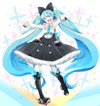  1girl :d ^_^ agonasubi alternate_costume armpits black_bow blue_hair bow closed_eyes dress full_body gloves hair_bow hatsune_miku headphones highres long_hair magical_mirai_(vocaloid) open_mouth outstretched_arms pantyhose sleeveless smile solo twintails very_long_hair vocaloid white_gloves white_legwear 