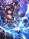  1girl armor armored_boots bangs black_hair boots breasts cape cleavage electricity fishnets garter_straps gauntlets gloves holding holding_weapon large_breasts long_hair looking_at_viewer official_art open_mouth polearm ponytail rain red_eyes sengoku_kishin_valkyrie shoulder_pads solo susuke thigh-highs weapon 