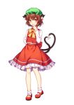  1girl animal_ears bow bowtie brown_eyes brown_hair cat_ears cat_tail chen full_body hand_to_own_mouth hat heart heart_tail jewelry long_sleeves looking_at_viewer mary_janes mirror_(xilu4) mob_cap multiple_tails nekomata shirt shoes short_hair single_earring skirt skirt_set solo tachi-e tail touhou two_tails vest wavy_hair 