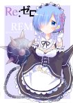  1girl bare_shoulders blue_eyes blue_hair blush breasts commentary_request detached_sleeves flail frills hair_ornament hair_over_one_eye looking_at_viewer maid morning_star peke_(xoxopeke) re:zero_kara_hajimeru_isekai_seikatsu rem_(re:zero) ribbon short_hair smile solo weapon x_hair_ornament 