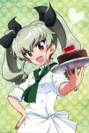  1girl anchovy cake chef_uniform drill_hair food girls_und_panzer green_hair hair_ribbon highres italian long_hair official_art red_eyes ribbon sleeves_rolled_up solo twin_drills twintails 