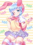  1girl backpack bag blue_eyes blue_hair blue_skirt blush bunny_hat closed_mouth gloves minit&#039;s outline pink_gloves pleated_skirt pointing pointing_at_self pop&#039;n_music puffy_short_sleeves puffy_sleeves short_sleeves shouni_(sato3) skirt smile solo striped striped_background striped_legwear thigh-highs wrapped_candy 