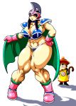  1boy 1girl abs armor artist_request bikini_armor blue_eyes breasts cape chi-chi_(dragon_ball) cleavage dragon_ball dragonball_z full_body huge_breasts lips long_hair looking_at_viewer milf muscle navel one_eye_closed plump purple_hair son_gohan standing thick_thighs wide_hips 