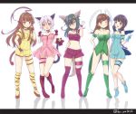  5girls ;) ahoge aizawa_mint alternate_costume animal_ears arm_behind_back arm_garter bangs bare_shoulders bell black_hair blue_eyes blue_gloves blunt_bangs blush boots braid breasts brown_eyes brown_hair cat_ears cat_tail choker commentary_request cosplay dress eyepatch fingerless_gloves fong_pudding fujiwara_zakuro garters gloves green_hair hair_between_eyes hand_holding hand_on_hip huge_ahoge jingle_bell kantai_collection kiso_(kantai_collection) kitakami_(kantai_collection) knee_boots kuma_(kantai_collection) large_breasts leotard letterboxed long_hair looking_at_viewer medium_breasts mew_ichigo mew_ichigo_(cosplay) mew_lettuce mew_lettuce_(cosplay) mew_mint mew_mint_(cosplay) mew_pudding mew_pudding_(cosplay) mew_zakuro mew_zakuro_(cosplay) midorikawa_lettuce midriff momomiya_ichigo monkey_tail multiple_girls no_navel one_eye_closed ooi_(kantai_collection) open_mouth orange_gloves purple_hair red_eyes red_gloves ribbon short_dress short_hair shorts single_braid sleeveless smile strapless strapless_dress tail tail_bell tail_ribbon tama_(kantai_collection) thigh-highs thigh_boots tokyo_mew_mew twitter_username v violet_eyes wings wolf_ears wolf_tail yukina_(black0312) 