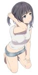  1girl armpit_peek bangs bare_legs barefoot black_eyes black_hair bunching_hair denim denim_shorts full_body hand_on_own_thigh holding holding_hair kneeling leaning_forward long_hair looking_away mattaku_mousuke midriff navel original parted_lips short_shorts short_sleeves shorts simple_background solo sweat white_background 