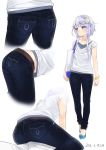  1girl 2016 ama_mitsuki arms_at_sides ass bag belt bent_over blue_pants blue_shoes blush bracelet character_sheet collarbone crescent crescent_hair_ornament dated denim female full_body hair_ornament jeans jewelry kantai_collection lavender_hair looking_to_the_side lower_body multiple_views over_shoulder pants shirt shoes shopping_bag short_hair_with_long_locks short_sleeves sidelocks simple_background sitting straddling violet_eyes walking wariza white_background white_shirt yayoi_(kantai_collection) 
