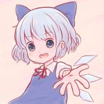  1girl :d batta_(ijigen_debris) blue_dress blue_eyes blue_hair blush bow cirno collared_shirt dress eyebrows eyebrows_visible_through_hair fairy_wings hair_bow ice ice_wings looking_at_viewer open_mouth outstretched_arm outstretched_hand pink_background puffy_short_sleeves puffy_sleeves reaching_out ribbon shirt short_hair short_sleeves simple_background smile solo touhou upper_body wings 